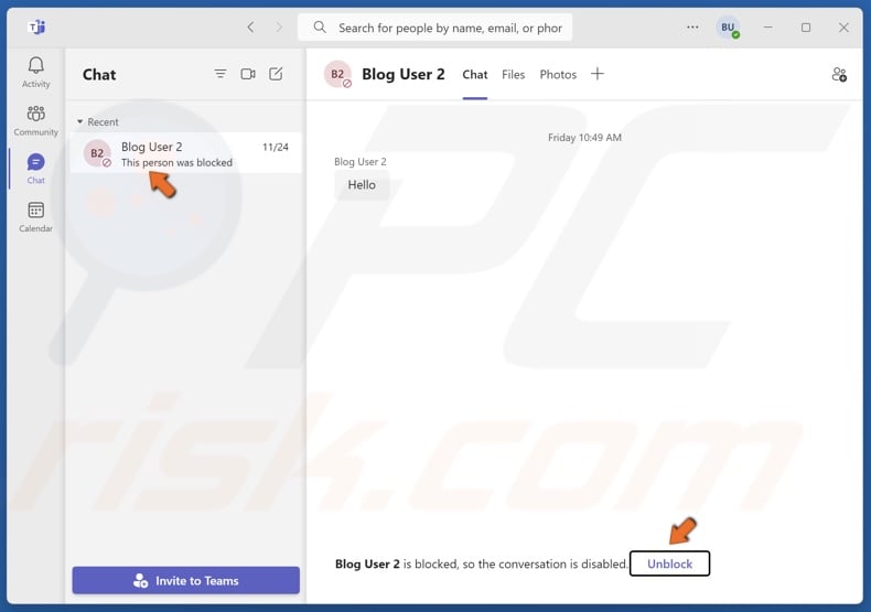 Click the Unblock button at the bottom of the Chat window