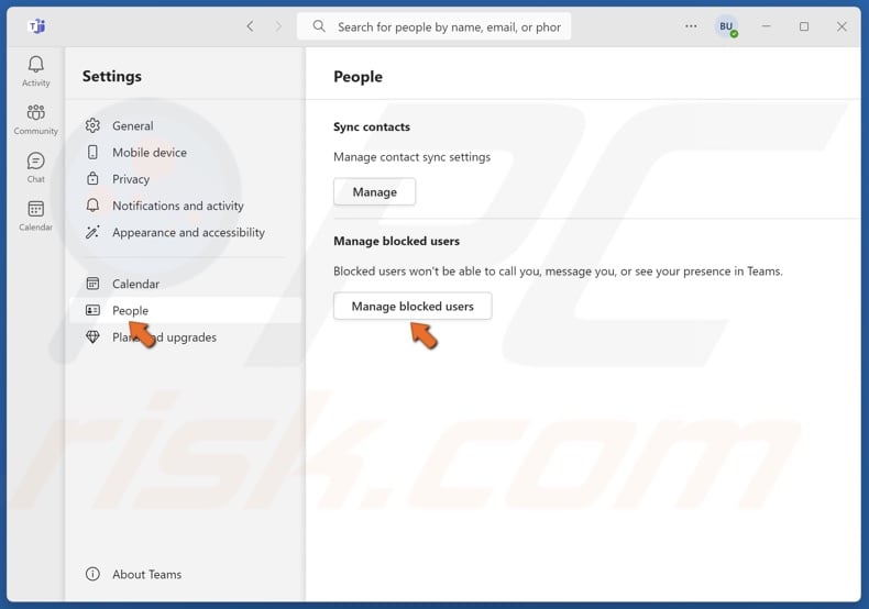 Select the People panel and click Manage blocked users