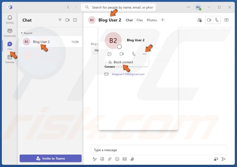click on the Profile card, click the More options button and click Block Contact