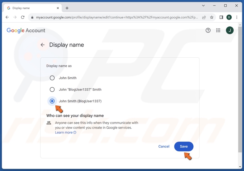 Choose between three Display Name options and click Save