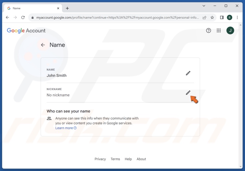 Click the Edit button next to the Nickname field
