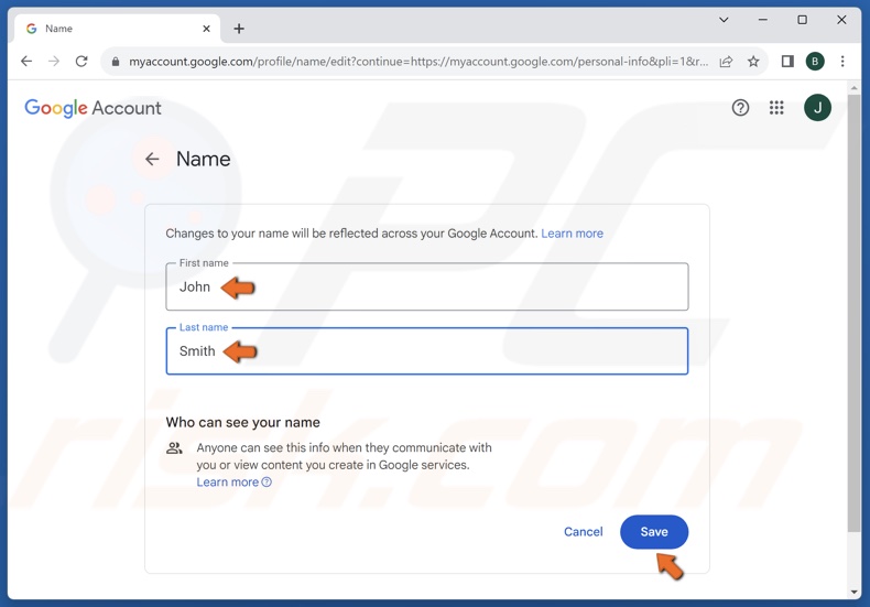 Edit your First name, and Last Name, and click Save