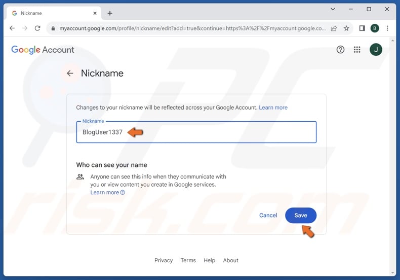 Create a nickname, and click Save