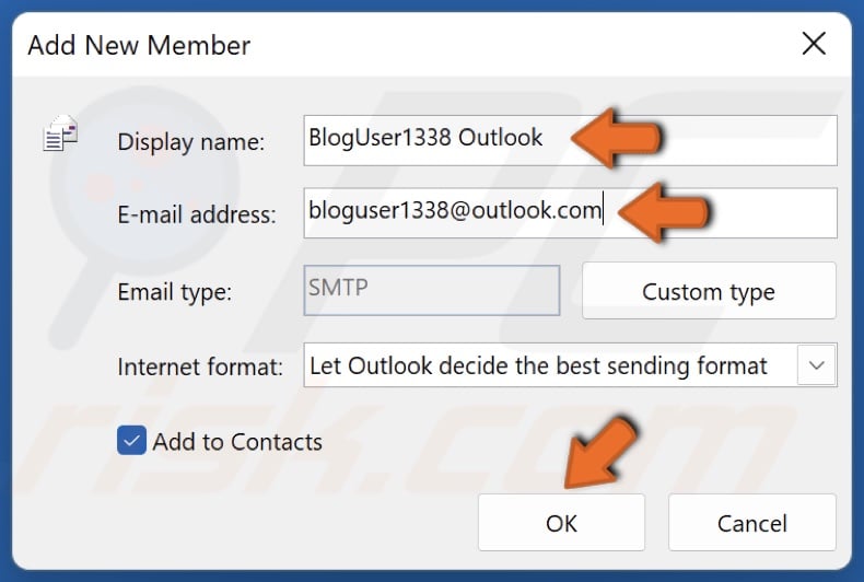Fill out the display name and Email address fields and click OK