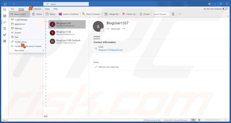 Open the New Contact context menu and select Contact Group