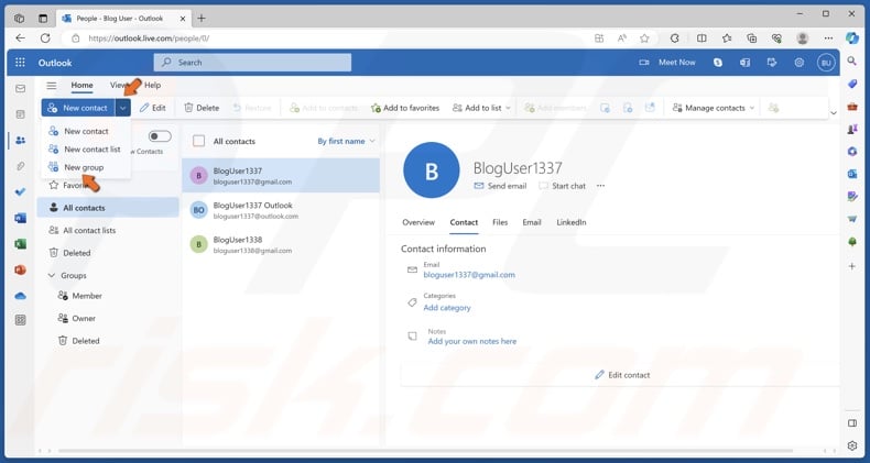 Open the New Contact context menu and select New group