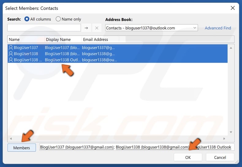 Double-click an email address or select multiple addresses from the list while holding down the Ctrl key and click Members