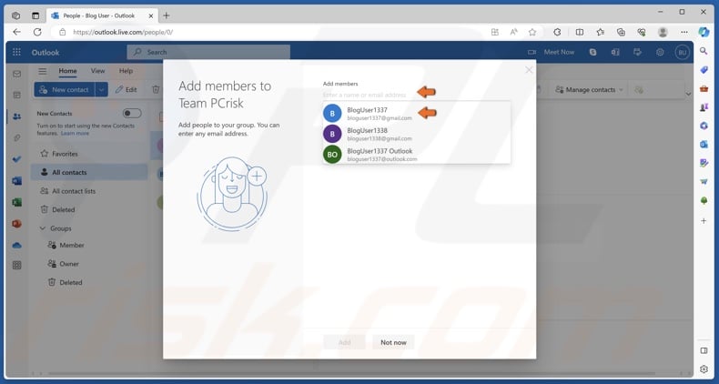 Add group members by selecting them from the list or typing in an email address manually