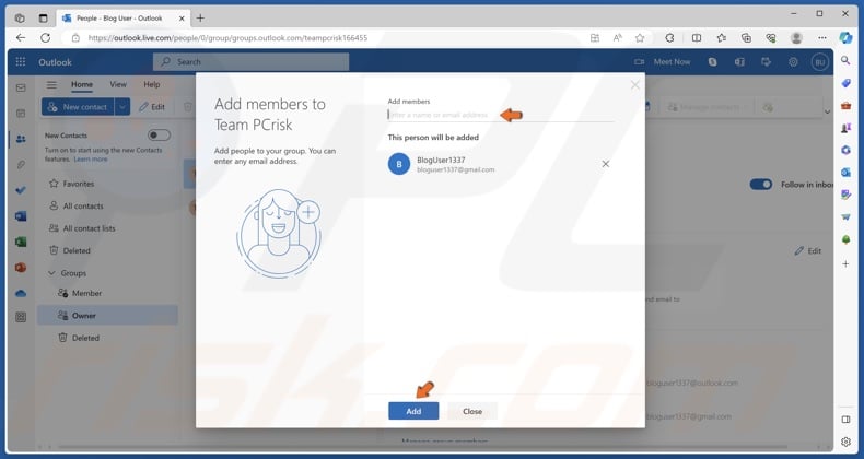 Select email addresses from the suggestions list or type in a name or email address manually and click Add