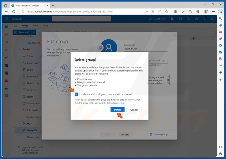 Mark the I understand that all group content will be deleted checkbox and click Delete