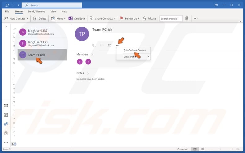 select the group you want to remove, click the three-dot button and-click Edit Outlook Contact