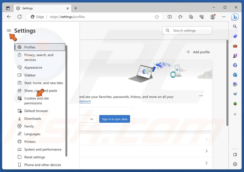 Select the Cookies and site permissions panel