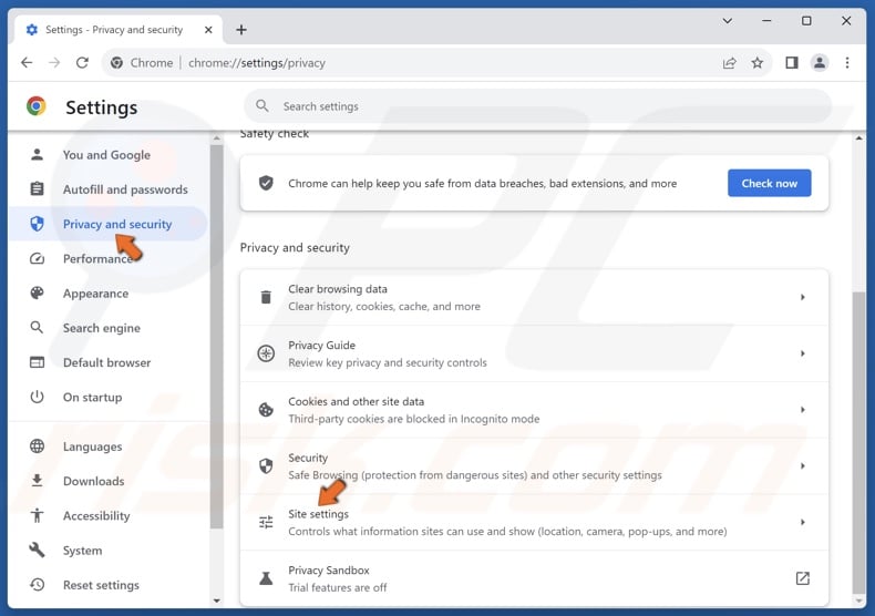 Select the Privacy and security panel and click Site settings