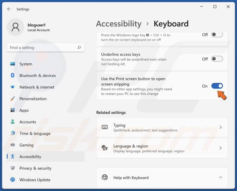 oggle on the Use the Print screen button to open screen snipping