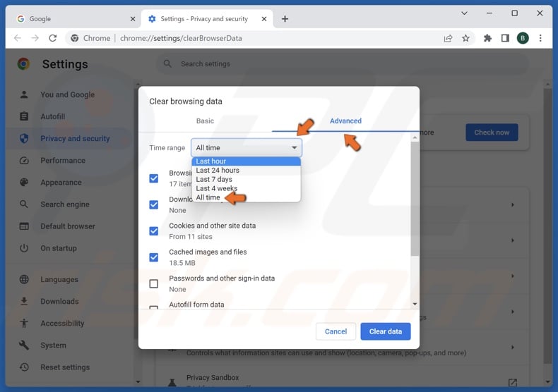 Select the Advanced tab, open the Time range menu and select All time