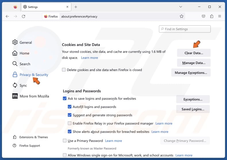 Select the Privacy & security panel and click Clear Data