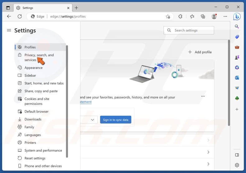 Select the Privacy, search, and services panel