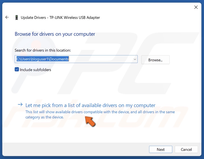 Click Let me pick from a list of available drivers on my computer