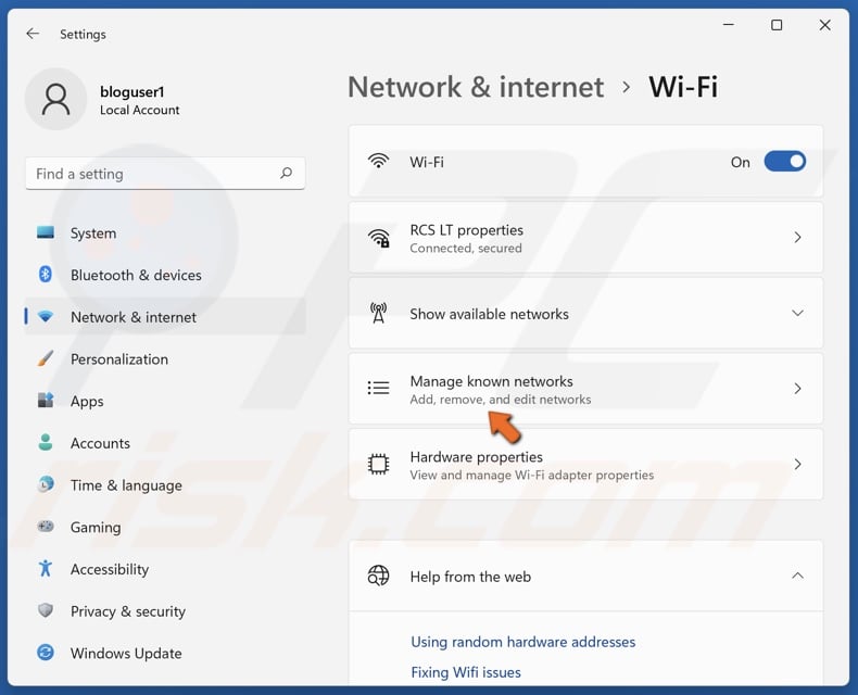 Click Manage known networks