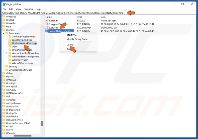 Right-click the HostedNetworkSettings value and click Delete