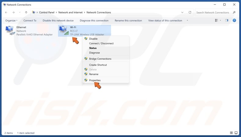 right-click your Wi-Fi or Ethernet adapter and click Properties