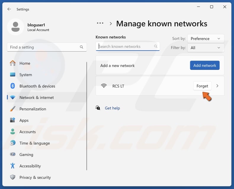 Click the Forget button