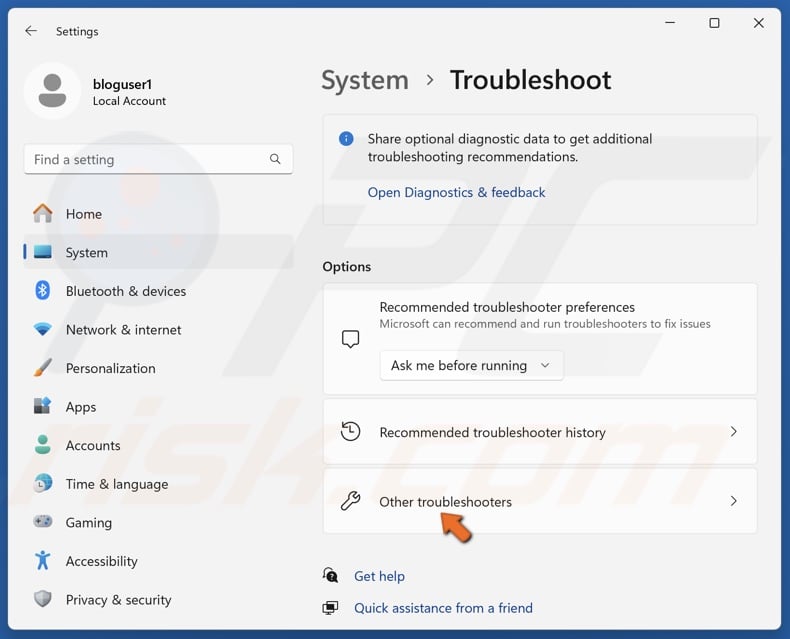 Select Other troubleshooters