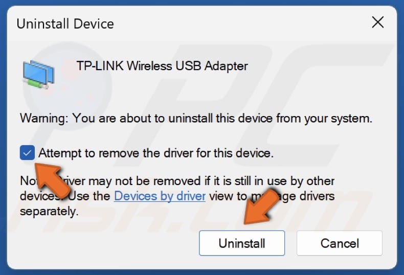 Mark the Attempt to remove the driver for this device checkbox and click Uninstall