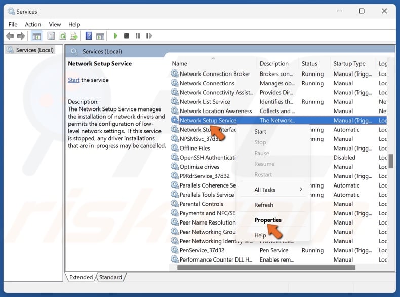 Right-click Network Setup Service and click Properties