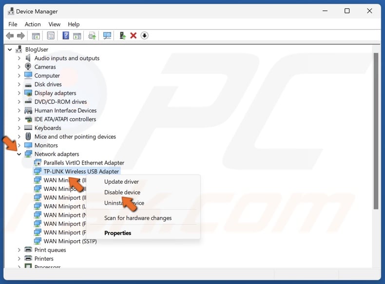 Right-click your WiFi adapter and click Disable device