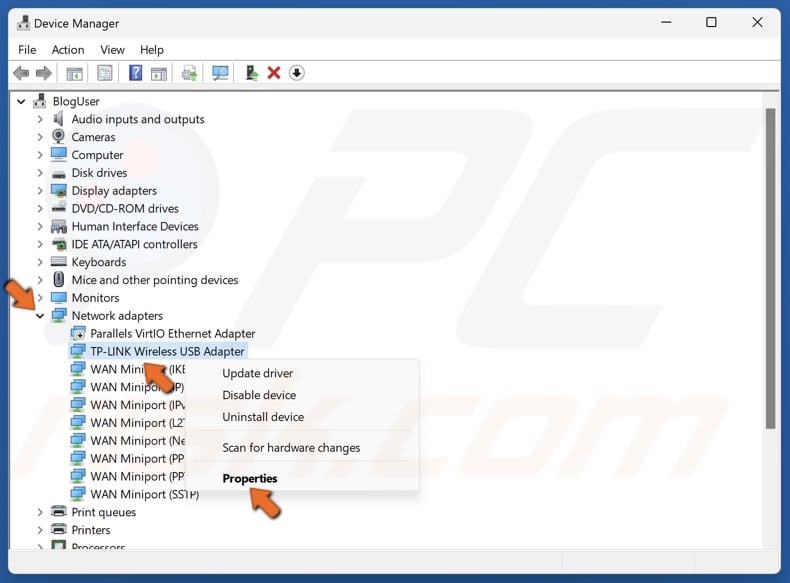 Right-click your WiFi network adapter and click Properties