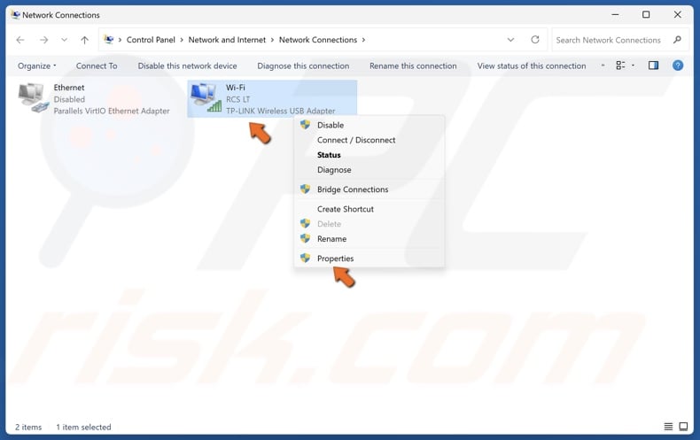 Right-click your WiFi network adapter and click Properties