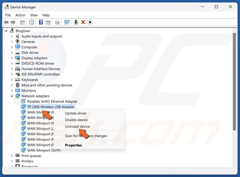 Right-click your WiFi network adapter and click Uninstall device