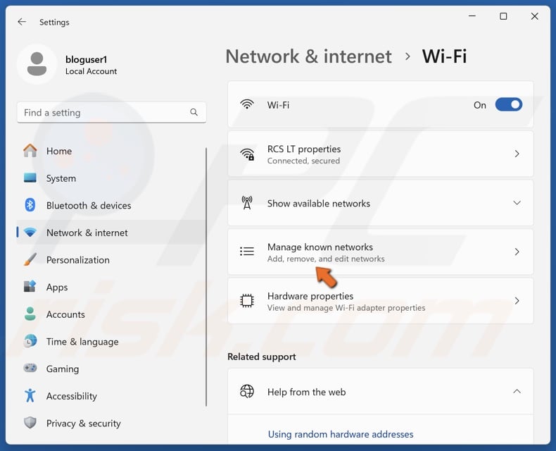 Click Manage known networks