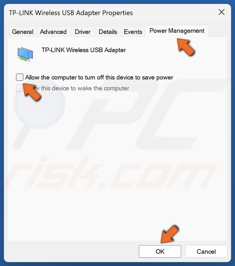 Uncheck the Allow computer to Turn off device to save power option