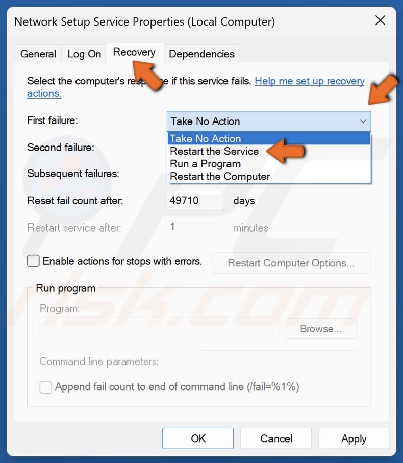 Open the First failure drop-down menu and select Restart the Service