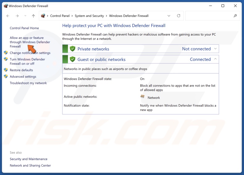 Click Allow an app or feature through Windows Defender Firewall