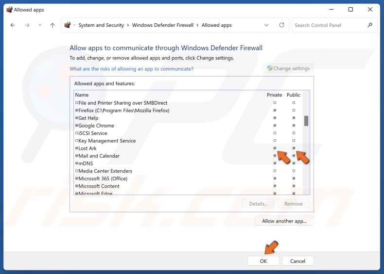 Mark the Private and Public checkboxes next to Lost Ark and click OK