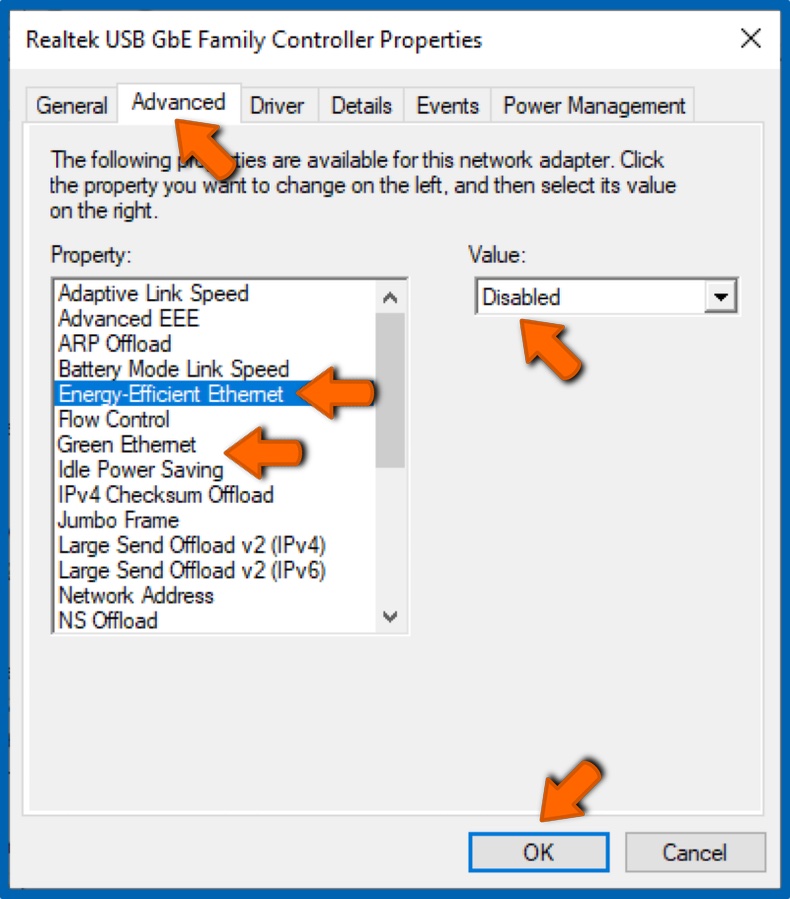 Select the Advanced tab and disable Energy Efficient Ethernet, Green Ethernet, and Power Saving options
