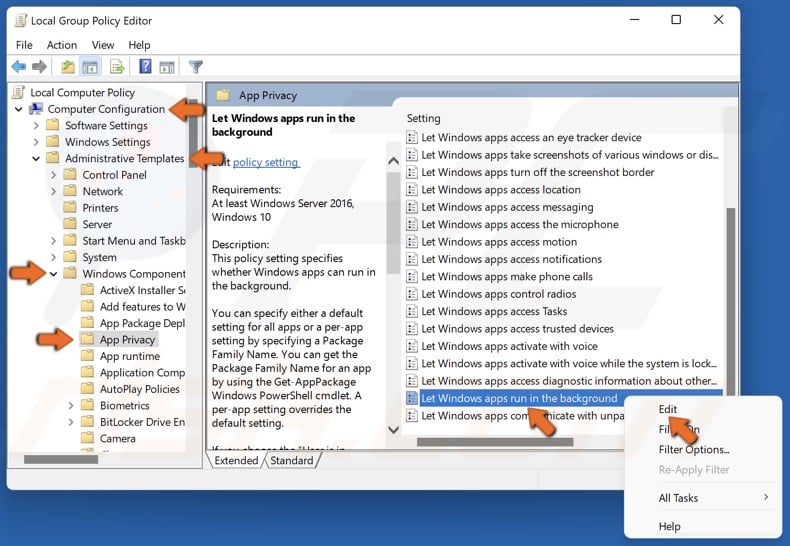 Right-click Let Windows apps run in the background and click Edit