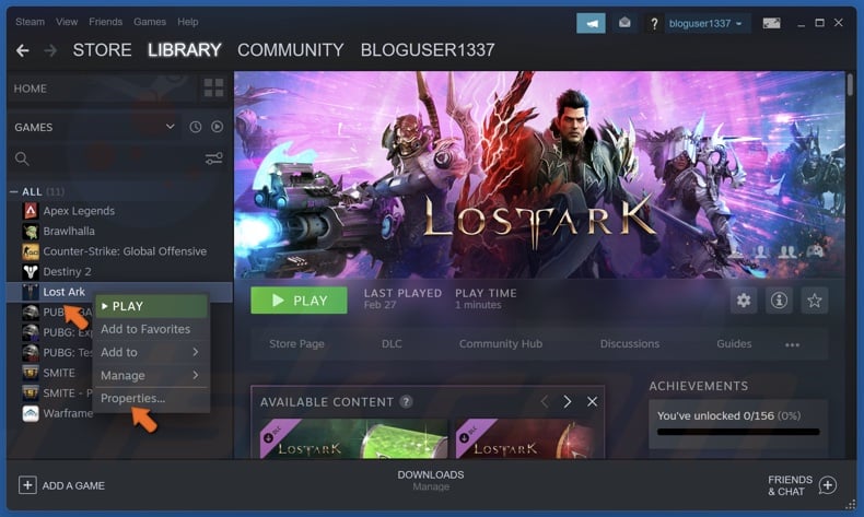 Open Steam, right-click Lost Ark and click Properties