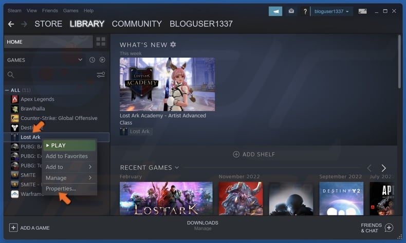 Right-click Lost Ark in your Steam Library and click Properties