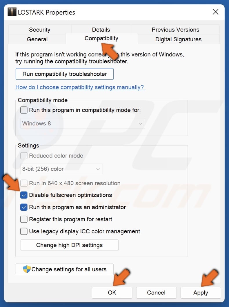Select the Compatibility tab and mark Disable fullscreen optimizations
