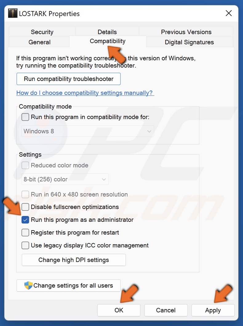 Select the Combatibility tab and mark Run this program as an administrator