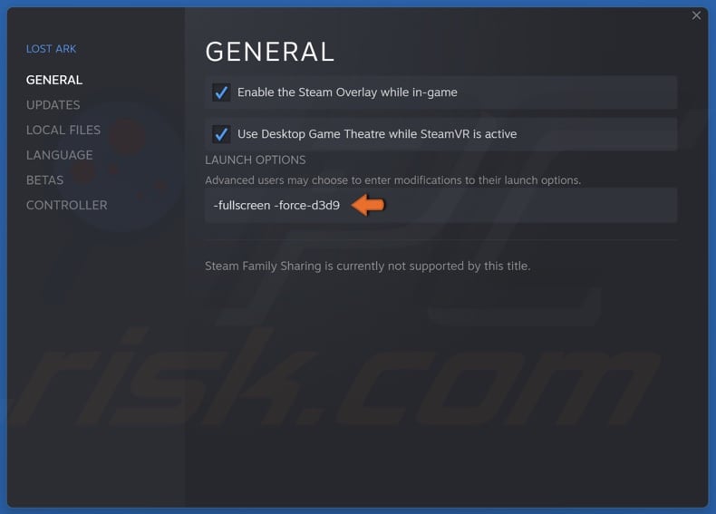 Type in -force-d3d9 in the Lost Ark Launch Options text box