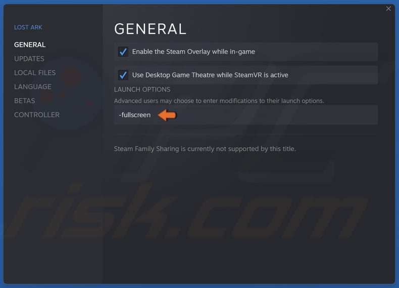 Type in -fullscreen in the Lost Ark Launch Options text box