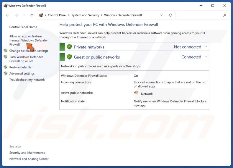 Click Allow an app or feature through Windows Defender Firewall