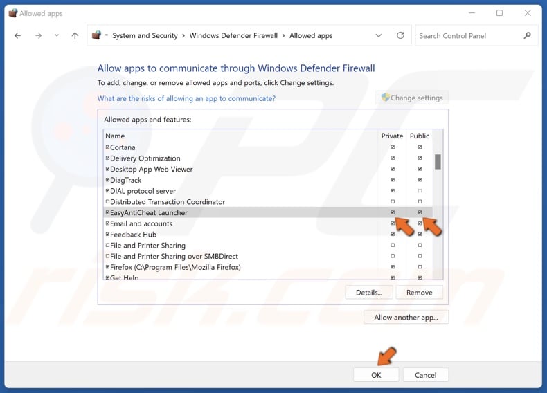 Mark the Public and Private checkboxes next to EasyAntiCheat Launcher and click OK