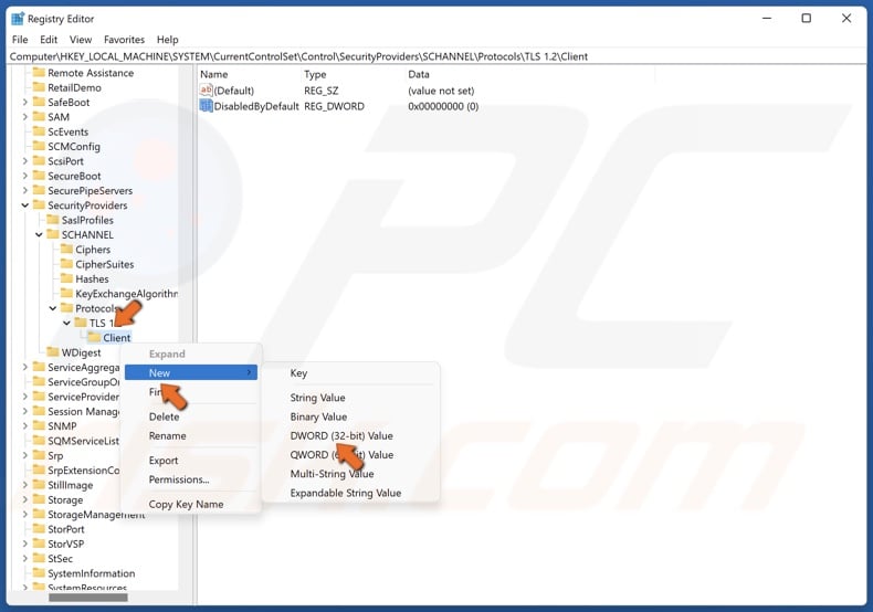 right-click the Client key again, select New, and select DWORD (32-bit) Value