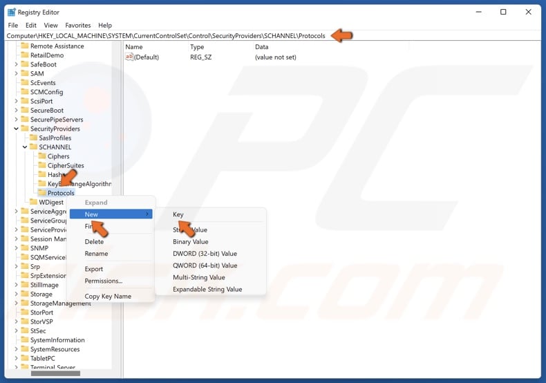 Right-click the Protocols key, select New and select Key